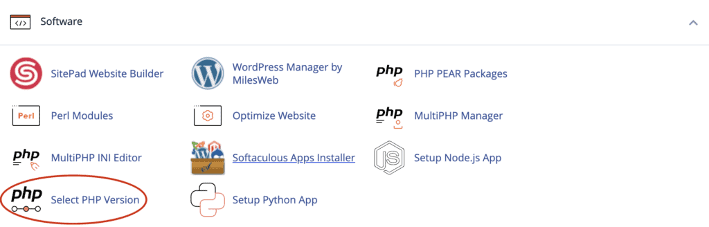 Select PHP version under Software section